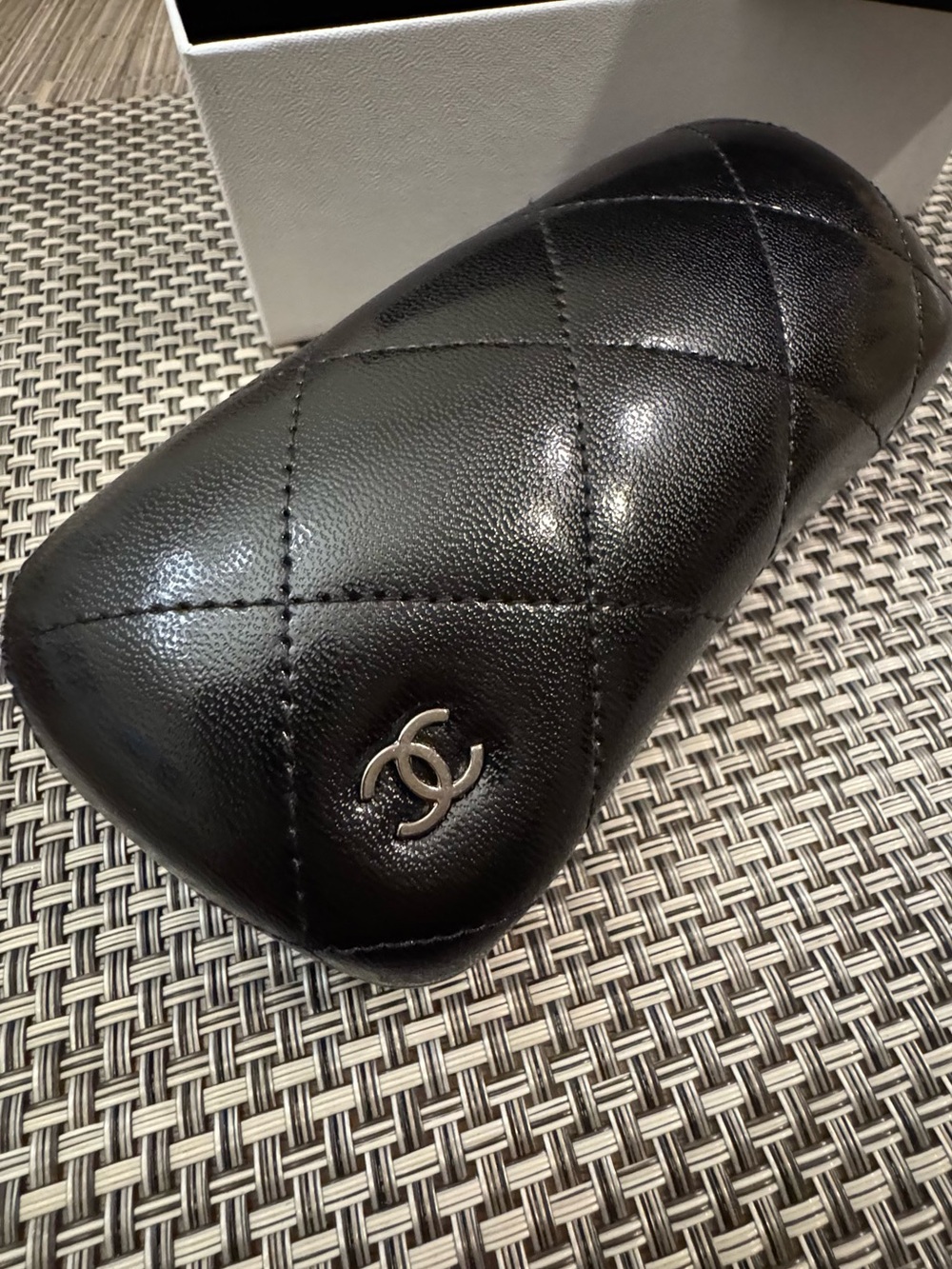 CHANEL Black Quilted Leather Sunglasses Case with Silver CC